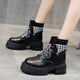 大東秘語(yǔ)厚底短靴女2025秋冬新款馬丁靴百搭配裙子低幫靴學(xué)院風(fēng)增高短筒靴 黑色加絨 36