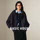 Basic House/百家好美式復古純色連帽衛衣女秋季寬松拉鏈開(kāi)衫外套 藏青 L 130-140斤