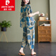 皮爾卡丹（pierre cardin）休閑褲苧麻女裝套裝亞麻夏裝2025年新款休閑寬松印花棉麻套裝 藍色 XL 建議121-145斤