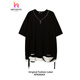 山森南獅大碼300斤鏈條拼接假兩件短袖T侐男女設計感破洞潮牌炸街學(xué)生上衣 黑色 3XL 建議175-220斤