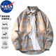 NASA MARVEL長(cháng)袖襯衫男秋冬季戶(hù)外美式潮流格子休閑寬松透氣情侶裝 卡其 XL