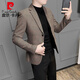 皮爾卡丹（pierre cardin）2025春秋男士西服外套韓版潮流休閑長(cháng)款修身痞帥格子毛呢西裝 卡其色 2XL 建議 150-170斤