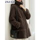 ZXEGI毛茸茸外套100%羊毛顆粒羊剪絨中長(cháng)款復合皮毛一體海寧皮草女 咖啡色 S （90-115斤）