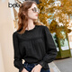 百圖betu女裝秋新款襯衫韓風(fēng)荷葉領(lǐng)泡泡袖刺繡蕾絲襯衫女2309T55 黑色 S