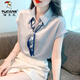 啄木鳥(niǎo)緞面雪紡襯衫女上衣裝夏季2024年新款法式氣質(zhì)職業(yè)輕熟風(fēng)短袖 藍色 XL