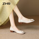 ZHR單鞋女秋季優(yōu)雅方扣淺口粗跟船鞋女通勤氣質(zhì)方頭女鞋 米色 36