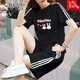 啄木鳥(niǎo)100%純棉休閑運動(dòng)服套裝女夏季新款大碼寬松學(xué)生短袖短褲兩 黑色套裝2只小兔 2XL 建議125-140