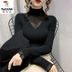 啄木鳥加絨打底衫內(nèi)搭秋冬2025新款半高領(lǐng)蕾絲拼接鏤空毛衣女洋氣修身 黑色 L