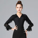 丹寶羅跳舞上衣新款黑色摩登舞練舞服V領(lǐng)舞蹈女功 國標舞拉丁舞服連體衣 V領(lǐng)荷葉饒手臂連體衣(黑色) L