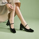 達芙妮法式瑪麗珍鞋女粗高跟一字帶小皮鞋通勤軟底單鞋女 黑色 37 