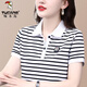 啄木鳥(niǎo)黑白條紋棉短袖t恤女翻領(lǐng)夏裝中年媽m媽有領(lǐng)polo衫帶領(lǐng)運動(dòng)上衣 白黑條紋 4XL 建議160-175斤