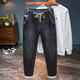 冬季加絨加厚松緊腰無(wú)束縛牛仔褲男寬松彈力哈倫褲系帶無(wú)鐵彈力褲 黑色222款 厚款 32 （建議135-145斤）