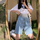 緣家馨（yuanjiaxin）夏季薄款孕婦牛仔短褲寬松加肥大碼托腹褲闊腿褲加肥加大碼220斤 704款短褲淺藍(lán) XXL