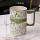 HT杯子創(chuàng  )意國潮復古奶茶杯陶瓷水杯家用辦公咖啡杯帶 高-綠色