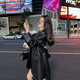 予瑾黑色PU皮西裝外套女2024春秋新款感寬松系帶皮衣休閑氣質(zhì)西服 黑色 S 100斤以下