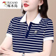 啄木鳥(niǎo)2025新款棉短袖t恤女橫條紋有翻領(lǐng)棉中年夏裝帶領(lǐng)上衣高端時(shí)尚 藍白細條紋P2247 2XL