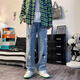 柯菲沃 牛仔褲男美式vibe十字架貼標刺繡褲子男潮牌高街嘻哈痞帥設(shè)計感寬松直筒百搭闊腿拖地長褲 古衣-8807藍色（皮帶腰） XL