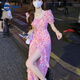尚簡(jiǎn)紛碎花方領(lǐng)連衣裙女秋季2025新款收腰顯瘦辣妹開(kāi)叉氛圍感短袖中長(cháng)裙 單件粉色連衣裙 S