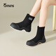 15MINS復古拼接彈力靴女加絨保暖厚底小短靴絨面高幫瘦瘦襪靴 黑色 37 