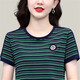 纖飛露T恤女夏季新款圓領(lǐng)短袖t恤高端棉質(zhì)休閑運動條紋體恤中年媽半袖女 墨綠 4XL建議穿140-160斤