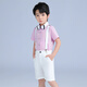 溫格奧 新款兒童禮服男主持人服裝花童禮服六一兒童節(jié)演出服男童西服套裝鋼琴表演服小孩正裝幼兒園畢業(yè)衣服 紅條紋短袖襯衫+短褲+背帶+領(lǐng)結(jié) 110cm建議體重30-37斤