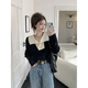 風(fēng)采兔法式大翻領(lǐng)拼色短款毛衣女春秋冬小個(gè)子寬松內搭打底針織衫上衣服 黑色 均碼