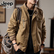 JEEP SPIRIT美式重磅工裝外套男秋冬季寬松潮牌復古休閑加絨男士機車(chē)夾克純棉 卡其 XL 適合 140斤-155斤