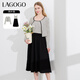 LAGOGO連衣裙兩件套女拉谷谷春秋新款條紋針織罩衫拼接吊帶裙 黑米(WT) S
