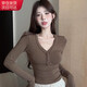 確彤德絨帶墊肩長(cháng)袖v領(lǐng)T恤女春秋內搭打底衫純色修身緊身顯瘦短款上衣 咖色 M