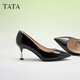 他她（TATA）女鞋高跟鞋尖頭新款細跟裸色通勤單鞋女鞋氣質(zhì)新 黑色（舒適牛皮革-7cm） 38