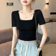 別語(yǔ)純棉方領(lǐng)t恤女短款夏季高腰黑色緊身短袖小眾露臍上衣 黑色 L