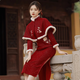 布伊特紅色旗袍女秋冬套裝帶披肩過(guò)年喜慶女裝拜年服敬酒服新娘加厚保暖 鮮花-兩件套 M