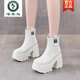 啄木鳥(niǎo)馬丁靴女秋冬增高超高跟10cm瘦瘦靴小個(gè)子厚底粗跟短靴單靴子34碼 米白色【絨里】 34