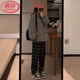 浪莎秋季女復古磨絨格子褲加厚黑白闊腿褲松緊腰直筒寬松顯瘦休閑褲子