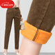 優(yōu)貝爾斯秋冬彈力燈芯絨哈倫褲女小腳褲蘿卜褲寬松休閑加絨保暖條絨褲女 棕色(加絨)9907 30碼(腰圍2尺3)