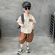 G.DUCKKIDS童裝男童套裝夏季新款兒童衣服夏天中小童條紋襯衫短袖夏裝服裝 咖色襯衫三件套 150 【建議10-12歲】