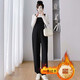 愛(ài)蘭婷2025秋冬歐棉加絨加厚孕婦背帶褲寬松闊腿束腳吊帶褲T恤2件套裝 黑色（加絨）+白長(cháng)T套裝 L適合115-130斤