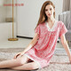 雪仙麗莫代爾睡裙女夏季短袖薄款中長(cháng)裙睡衣可外穿 紅色 L