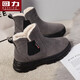 回力女鞋加絨雪地靴女冬季新款情侶保暖短靴棉鞋潮流時(shí)尚百搭厚底靴子 灰色-加絨加厚 38