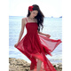 YIOU海邊度假修身收腰連衣裙女顯瘦三亞度假甜美飄逸不規則沙灘裙7024 酒紅色 M