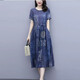 穆夏百合大碼女裝胖mm棉麻連衣裙女夏季2025新款顯瘦媽媽女裝印花苧麻裙子 藏青色 L