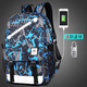 書(shū)果兒(SHU GUO ER)夜光背包男潮流中小學(xué)生書(shū)包雙肩電腦包男士 USB藍灰涂鴉+防盜鎖