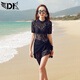 DK 泳衣女連體三件套保守蕾絲遮肚顯瘦鋼托小胸聚攏游泳裝 黑色 L