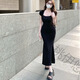 桃伊悠（taoyiyou）純欲辣妹T恤連衣裙女夏季包臀中長(zhǎng)裙修身收腰設(shè)計(jì)感顯瘦魚尾裙子 黑色 XL