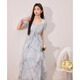 藍語(yǔ)大碼女裝度假風(fēng)荷葉邊流光金連衣裙2025夏季巨顯瘦收腰a字裙 灰藍色 現貨 XL 【建議120-140斤】
