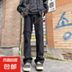 美式高街純色毛邊牛仔褲男春秋潮牌寬松設(shè)計(jì)感痞帥感微喇褲子 黑色 常規(guī) 3XL