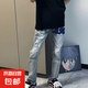美式高街字母刺繡牛仔褲男破洞修身休閑褲時(shí)尚百搭潮牌小直筒長褲 藍(lán)色 常規(guī) XL