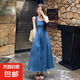 法式小個(gè)子吊帶背心連衣裙女氣質(zhì)收腰顯瘦A字牛仔裙口袋長(zhǎng)裙J312 藍(lán)色 L （95-105斤）
