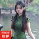 新中式印花改良旗袍少女款夏季修身顯白民國風(fēng)短袖連衣裙J6633 綠色 XL （115-125斤）