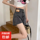 高腰卷邊牛仔短褲女夏2025年新款寬松顯瘦闊腿a字大碼設計感熱褲 黑灰色 XL 建議115-125斤